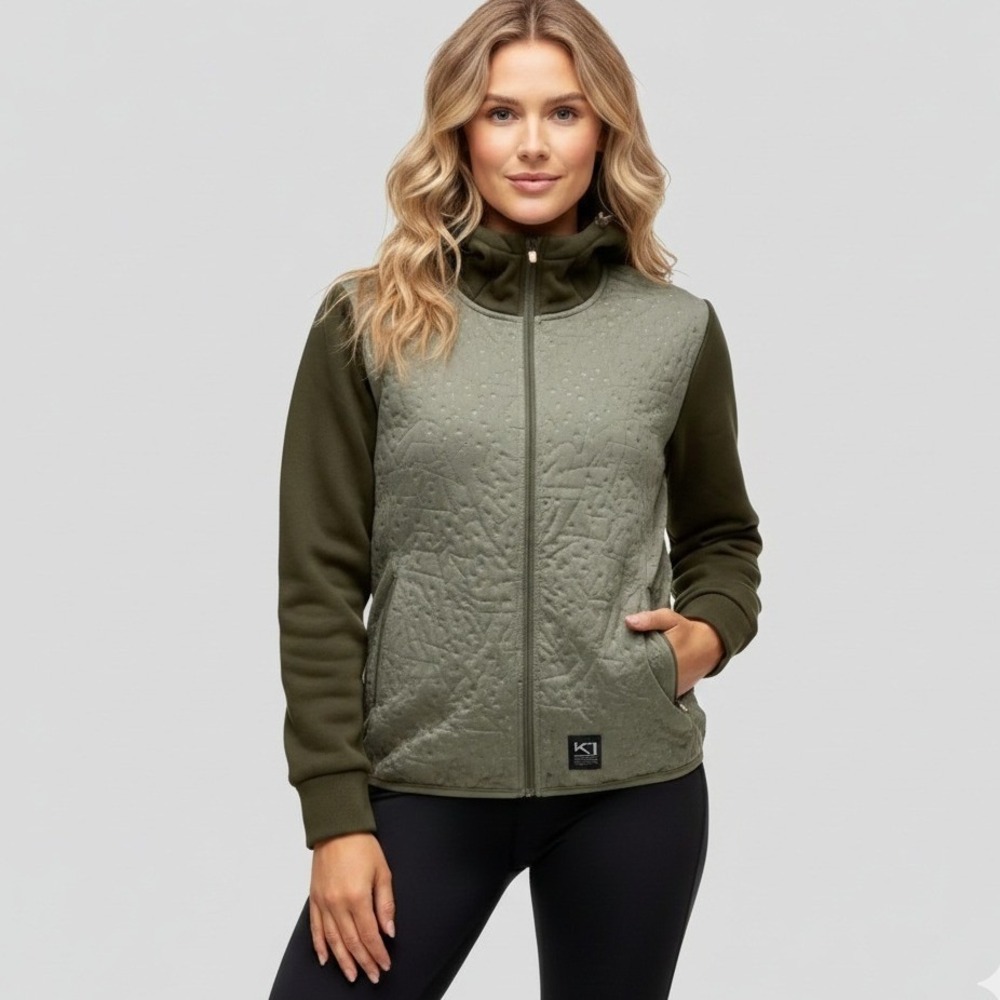 Kari Traa Quilted Hooded Jacket Women's XL Green Full Zip Contrast Sleeves